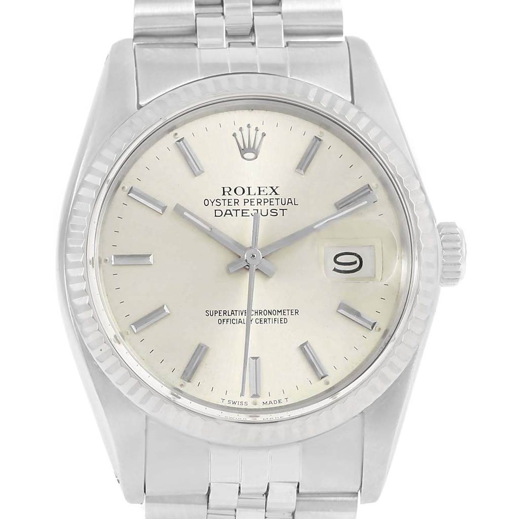 This image shows the Rolex Vintage Collection 16014 Men's Stainless Steel Silver Dial 16014 Men's Stainless Steel Silver Dial Oyster Perpetual Datejust watch from a front view, highlighting its dial, bezel, and band.
