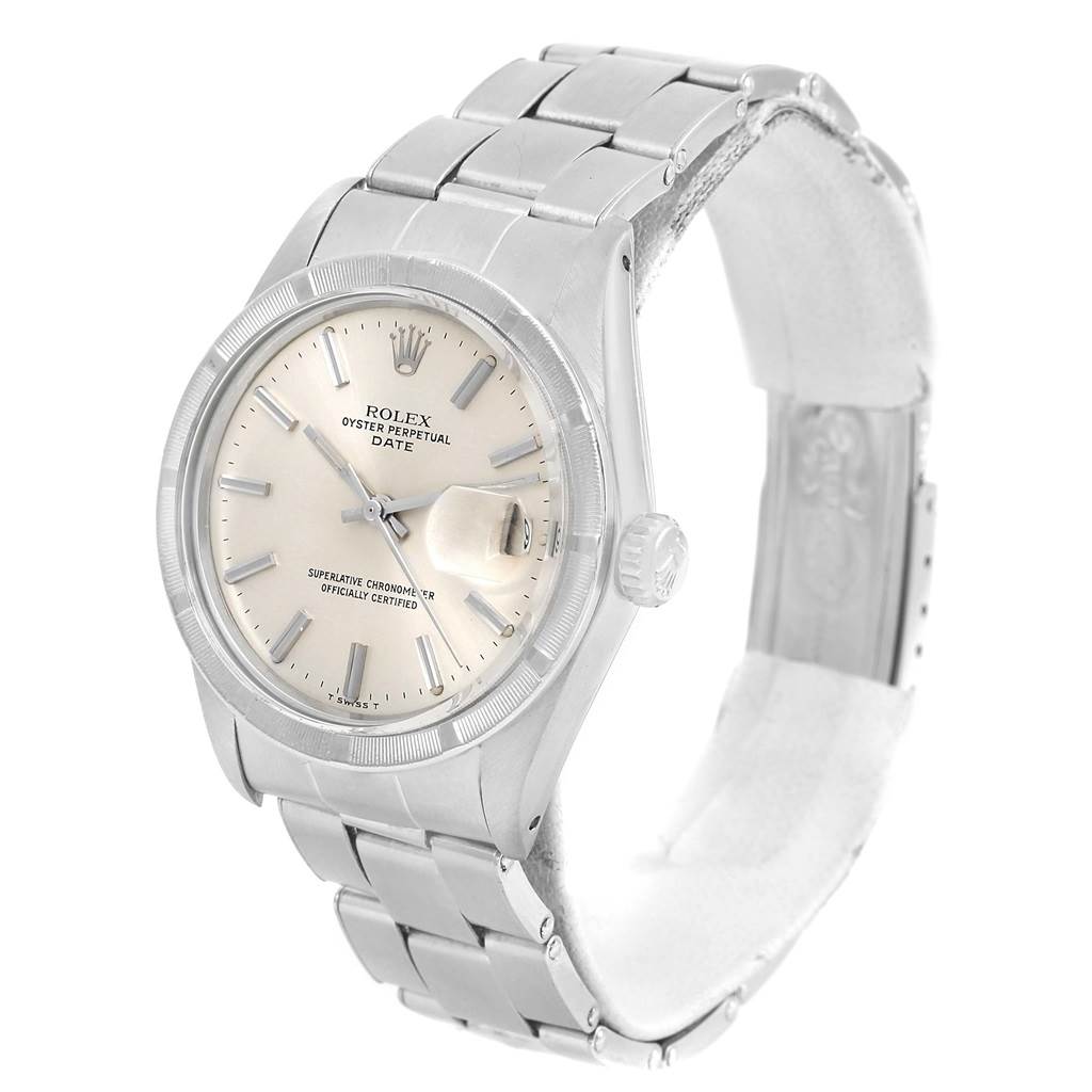 The image shows a Rolex Vintage Collection 1501 Men's Stainless Steel Silver Dial 1501 Men's Stainless Steel Silver Dial watch from a front-side angle, highlighting its dial, bezel, crown, and bracelet.