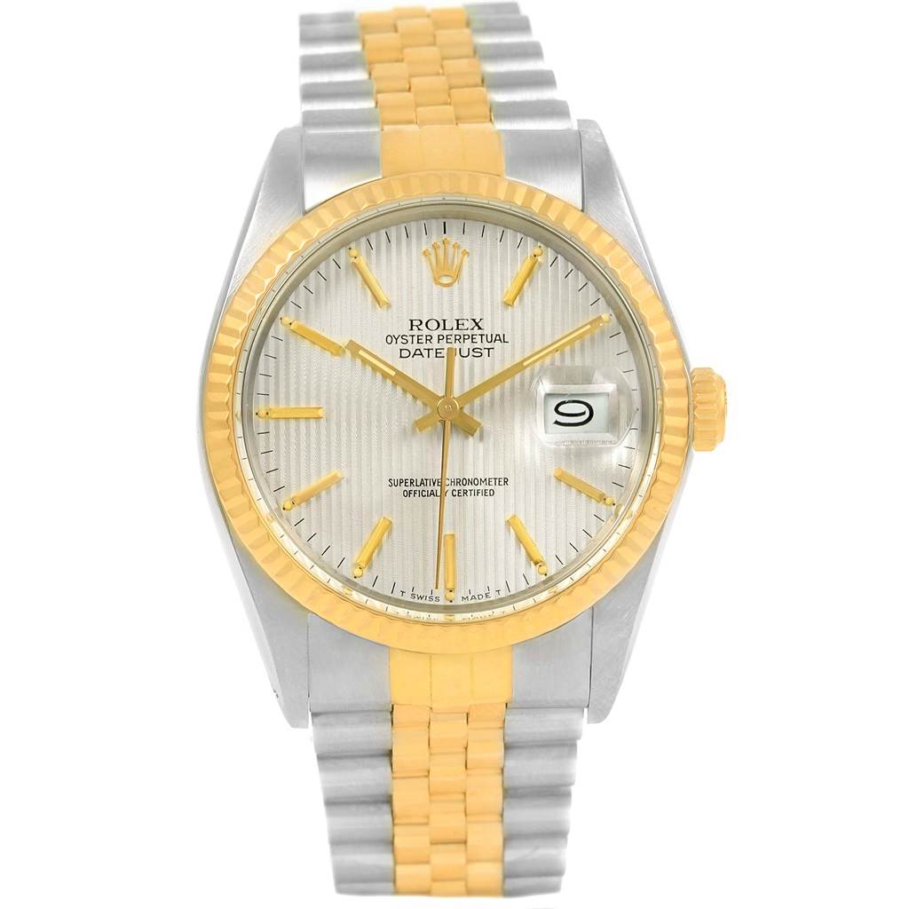 The image shows a front view of the Rolex Vintage Collection ROLEX DATEJUST STEEL YELLOW GOLD TAPESTRY DIAL VINTAGE MENS WATCH 16013 Men's Stainless Steel Silver Dial ROLEX DATEJUST STEEL YELLOW GOLD TAPESTRY DIAL VINTAGE MENS WATCH 16013 Men's Stainless Steel Silver Dial Oyster Perpetual Datejust, highlighting the dial, bezel, and bracelet.