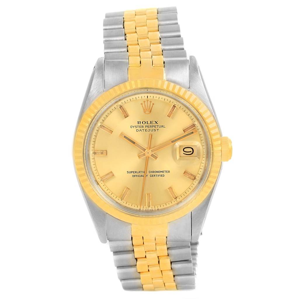 The image shows the full front view of the Rolex Vintage Collection 1601 Men's Stainless Steel Champagne Dial 1601 Men's Stainless Steel Champagne Dial model watch, highlighting the dial, bezel, and bracelet.