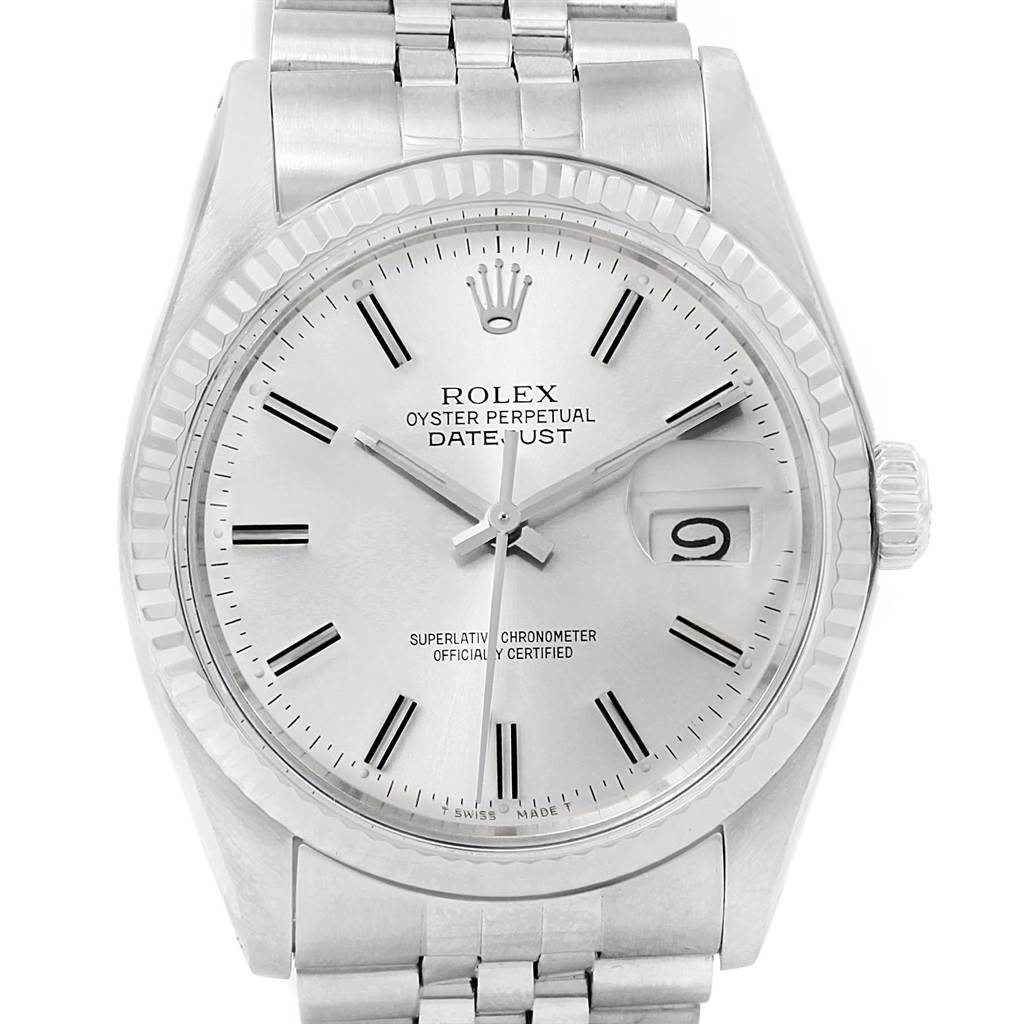 This image shows a front view of the Rolex Vintage Collection 16014 Men's Stainless Steel Silver Dial 16014 Men's Stainless Steel Silver Dial Oyster Perpetual Datejust watch, featuring the dial, hands, bezel, crown, and a portion of the bracelet.