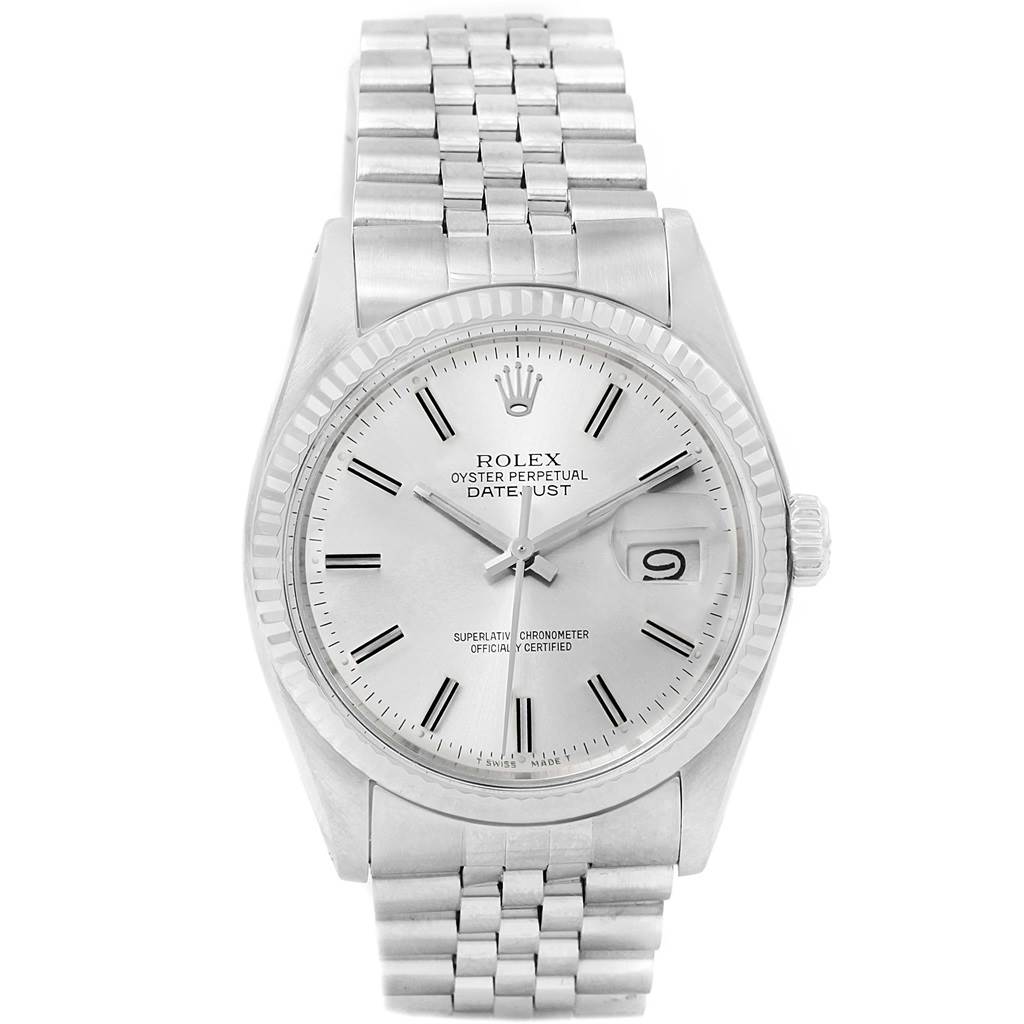 The image shows a front view of the Rolex Vintage Collection 16014 Men's Stainless Steel Silver Dial 16014 Men's Stainless Steel Silver Dial Oyster Perpetual Datejust watch, featuring its dial, hands, and bracelet.
