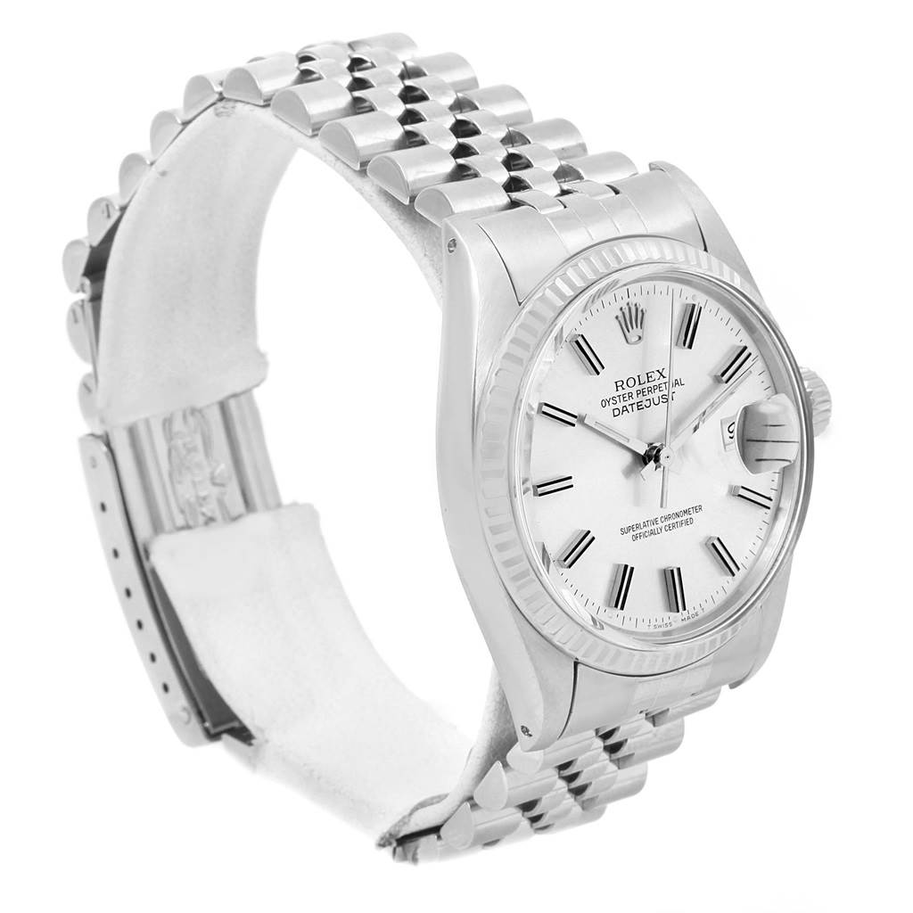 This image shows a side angle of the Rolex Vintage Collection 16014 Men's Stainless Steel Silver Dial 16014 Men's Stainless Steel Silver Dial model, displaying the watch face, bezel, crown, and part of the bracelet.