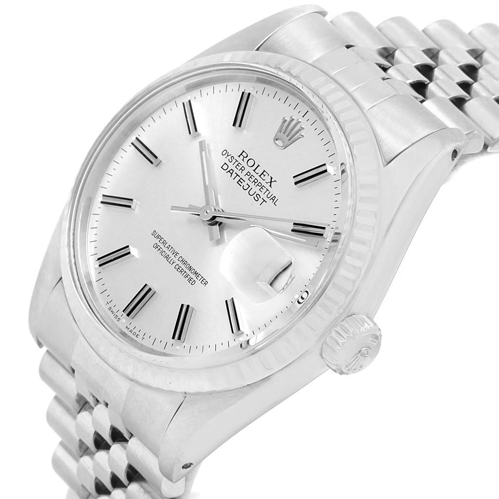 The image shows a Rolex Vintage Collection 16014 Men's Stainless Steel Silver Dial 16014 Men's Stainless Steel Silver Dial Oyster Perpetual Datejust watch angled to display its face, bracelet, and crown.