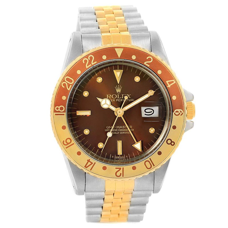 Rolex GMT Master Rootbeer Gold Steel Nipple Dial Vintage Watch 16753 SwissWatchExpo