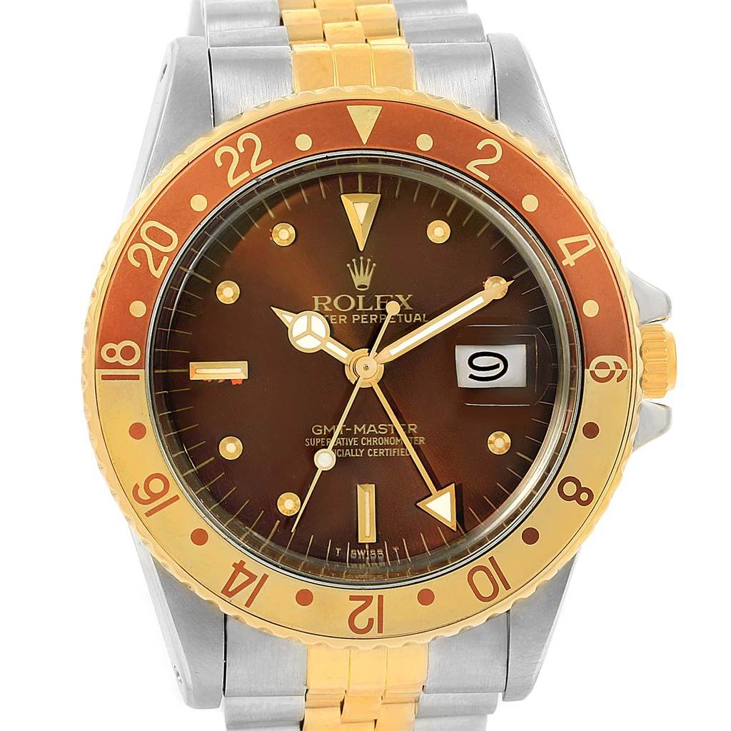 The image shows a front view of the Rolex Vintage Collection 16753 Men's Stainless Steel Brown Dial 16753 Men's Stainless Steel Brown Dial GMT-Master watch, featuring a two-tone bezel, date display, and metal bracelet.