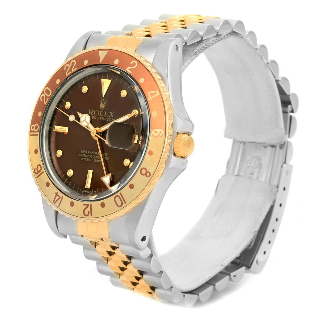 The image shows a close-up angle of a Rolex Vintage Collection 16753 Men's Stainless Steel Brown Dial 16753 Men's Stainless Steel Brown Dial model, displaying the bezel, dial, and bracelet.