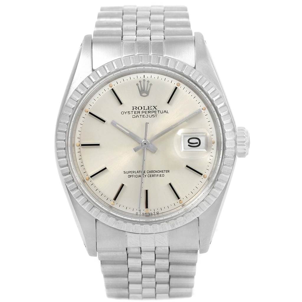 The Rolex Vintage Collection 1603 Men's Stainless Steel Silver Dial 1603 Men's Stainless Steel Silver Dial model is shown from the front, highlighting the dial, bezel, and bracelet.