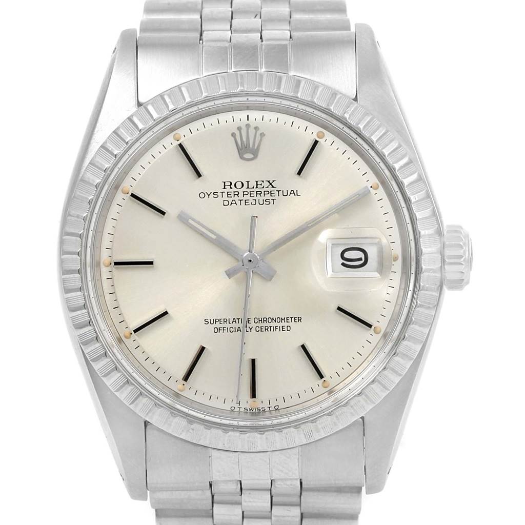 The image shows a front view of the Vintage Collection Rolex Oyster Perpetual Datejust, featuring the dial, bezel, and bracelet.