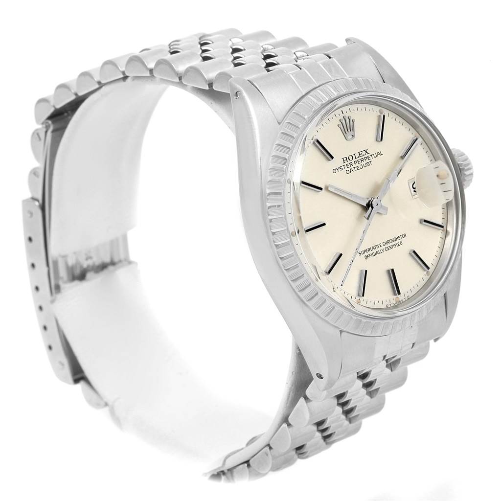The Rolex Vintage Collection 1603 Men's Stainless Steel Silver Dial 1603 Men's Stainless Steel Silver Dial watch is shown from a side angle, displaying its face, bezel, crown, and part of the bracelet.