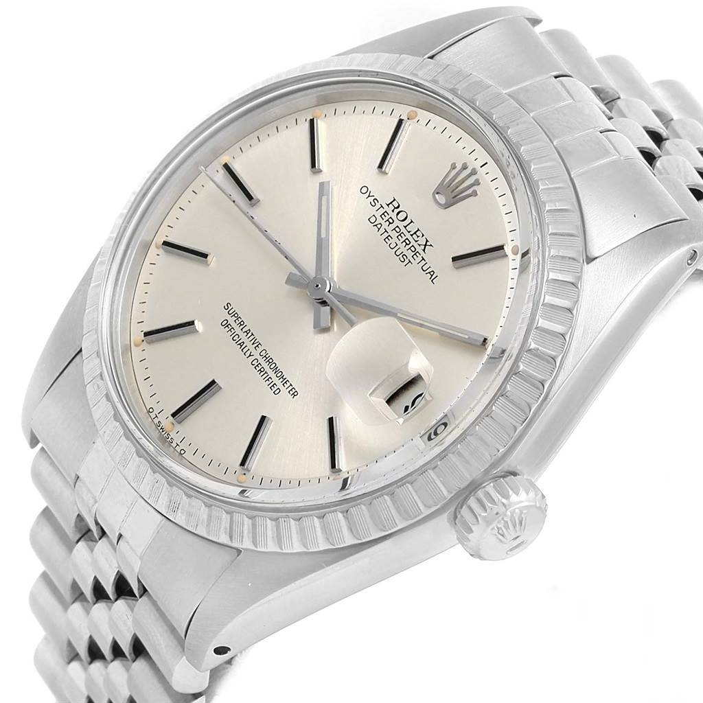 The image shows a Rolex Vintage Collection 1603 Men's Stainless Steel Silver Dial 1603 Men's Stainless Steel Silver Dial model watch at an angled top-down view, highlighting the face, bezel, crown, and bracelet.