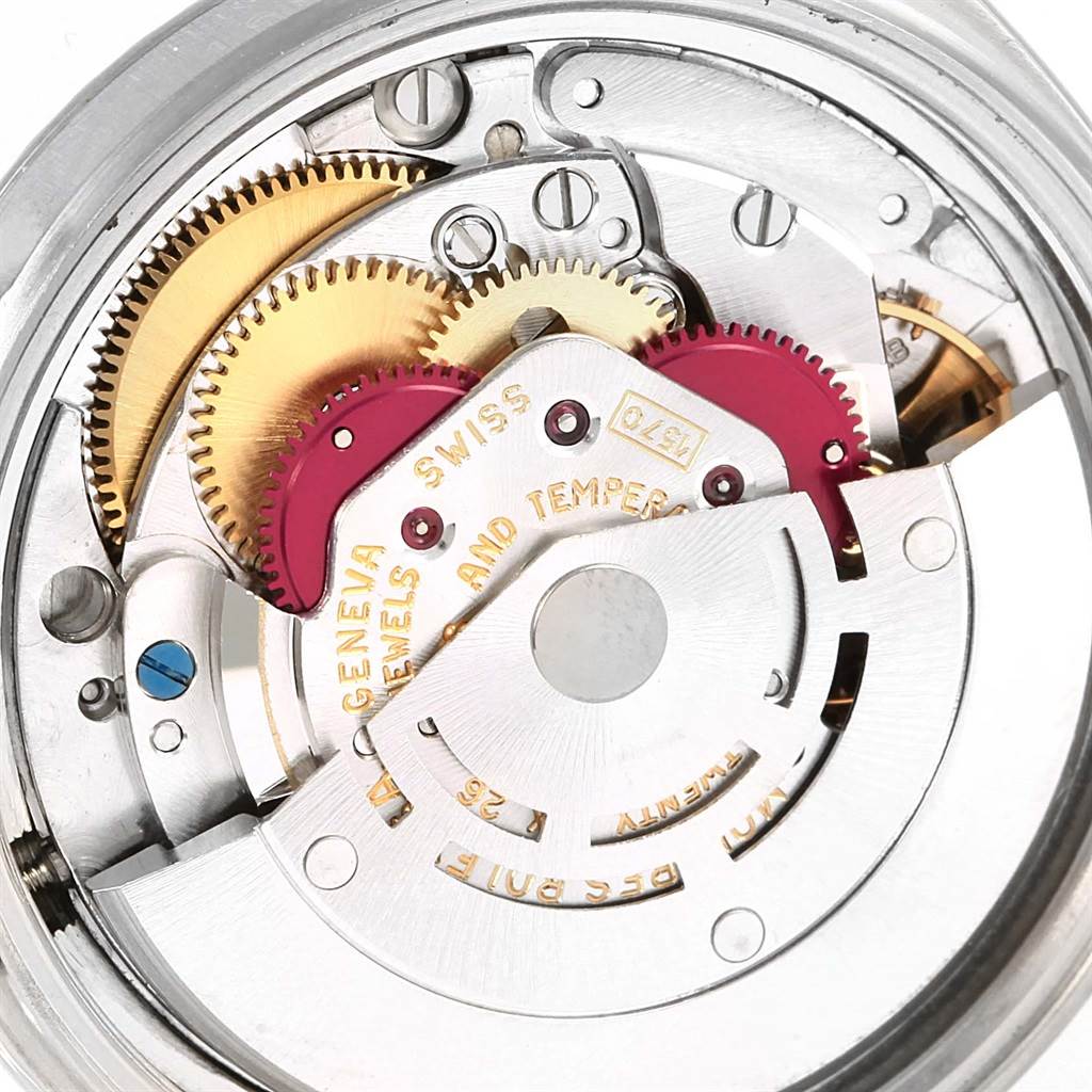 The image shows the internal mechanism and gears of a Rolex Vintage Collection 1603 Men's Stainless Steel Silver Dial 1603 Men's Stainless Steel Silver Dial watch from an overhead angle.