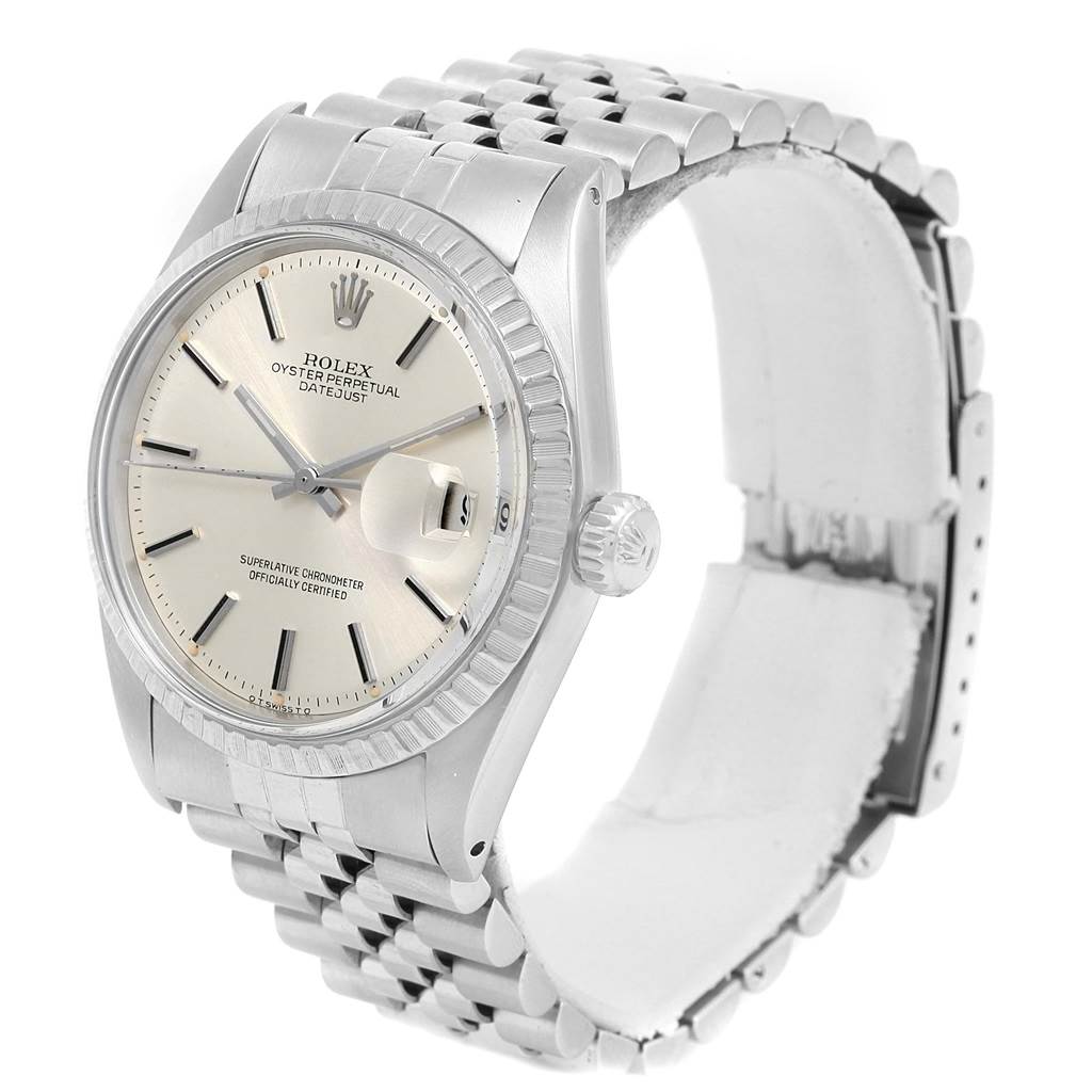 The image shows a Rolex Vintage Collection 1603 Men's Stainless Steel Silver Dial 1603 Men's Stainless Steel Silver Dial Oyster Perpetual Datejust watch, focusing on its face, bezel, and bracelet at a slight angle.