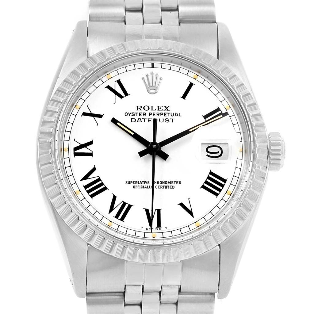 The image shows a frontal view of the Rolex Vintage Collection 1603 Men's Stainless Steel White Dial 1603 Men's Stainless Steel White Dial model, highlighting its white dial, Roman numerals, and date display.