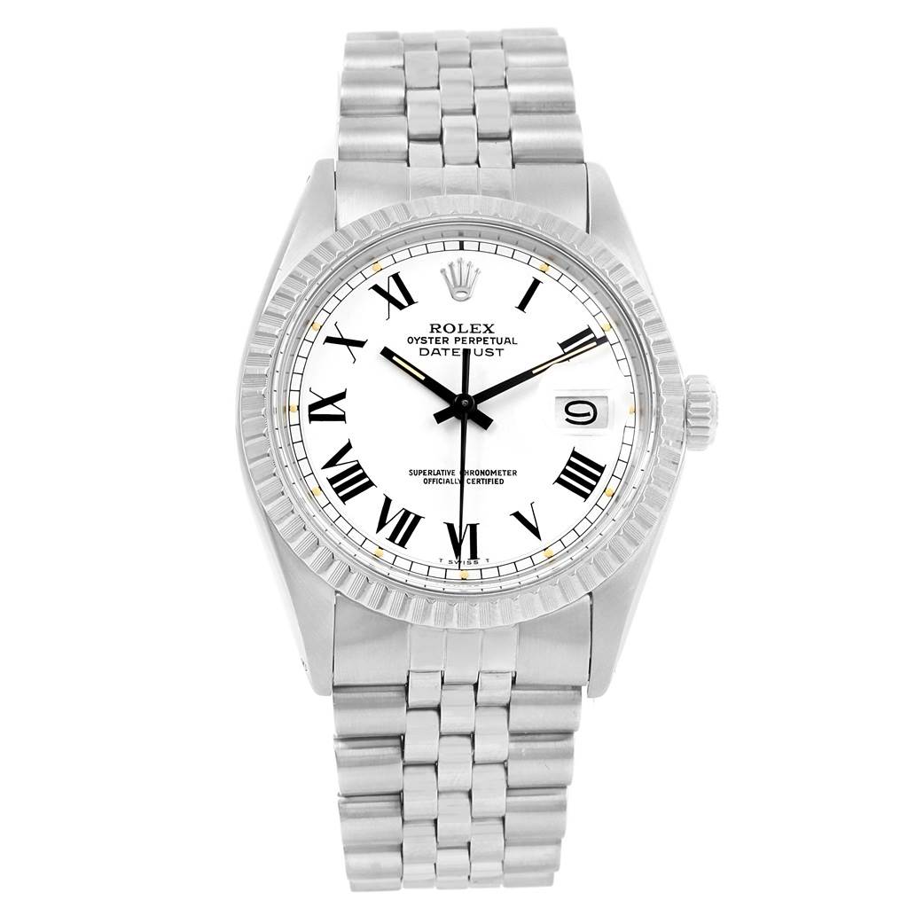 The image shows a Rolex Vintage Collection 1603 Men's Stainless Steel White Dial 1603 Men's Stainless Steel White Dial Oyster Perpetual Datejust watch, featuring the face, bezel, crown, and part of the bracelet.
