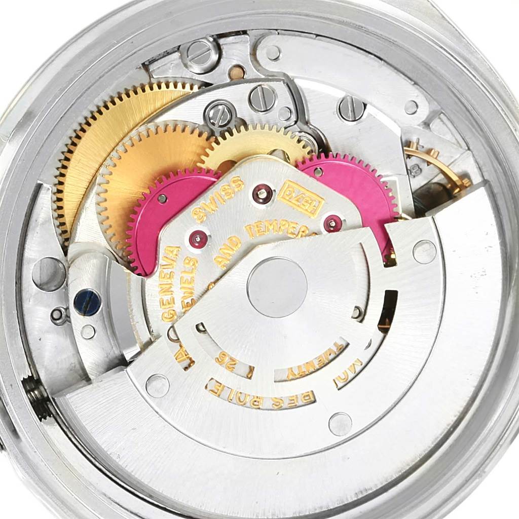 This image shows an up-close view of the movement mechanism inside the Vintage Collection model by Rolex.