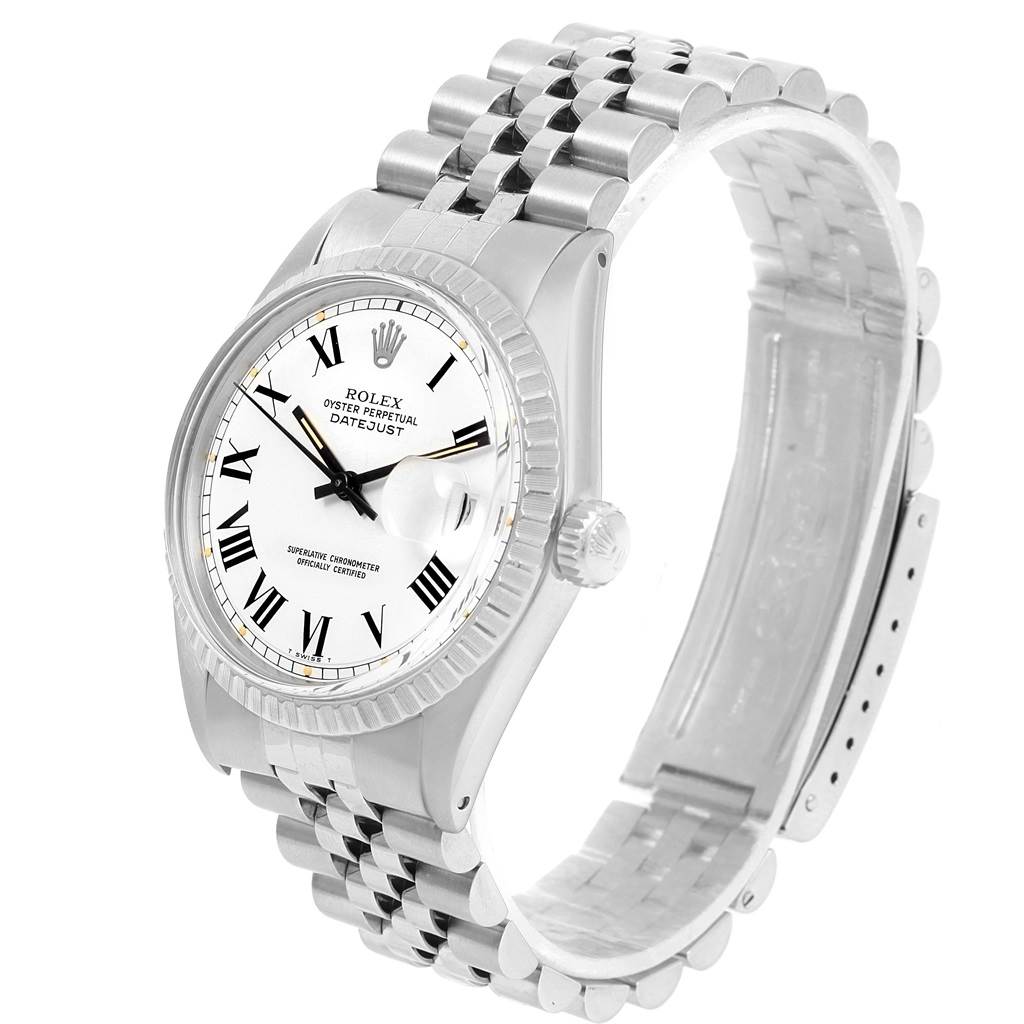 The Rolex Vintage Collection 1603 Men's Stainless Steel White Dial 1603 Men's Stainless Steel White Dial model is shown at an angled side view, showcasing its face, dial, crown, and metal bracelet.