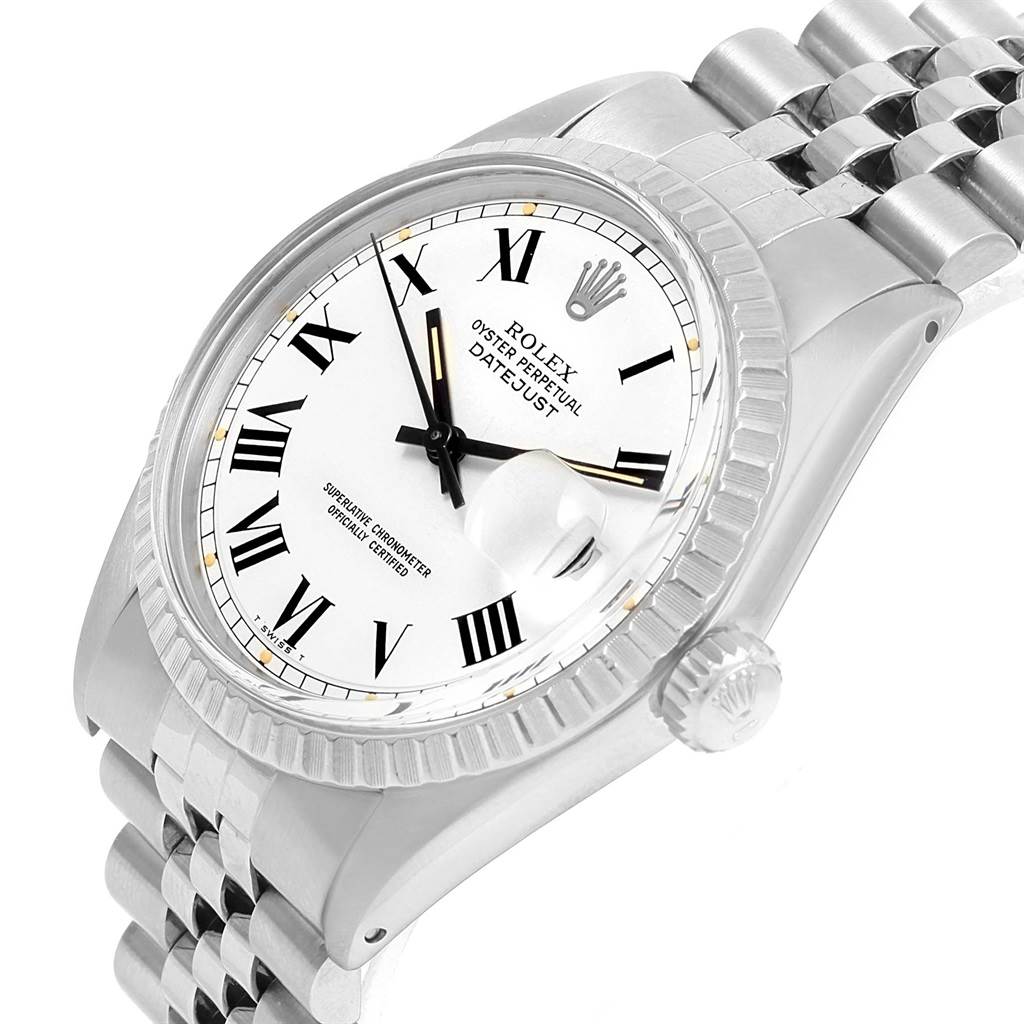 The Rolex Vintage Collection 1603 Men's Stainless Steel White Dial 1603 Men's Stainless Steel White Dial model is shown from an angled front view, highlighting the dial, crown, and part of the bracelet.