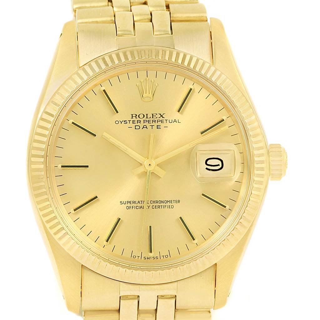 This is a front view of a Rolex Vintage Collection 1503 Men's Yellow Gold Champagne Dial 1503 Men's Yellow Gold Champagne Dial model watch, showcasing the dial, hands, date window, and bracelet.