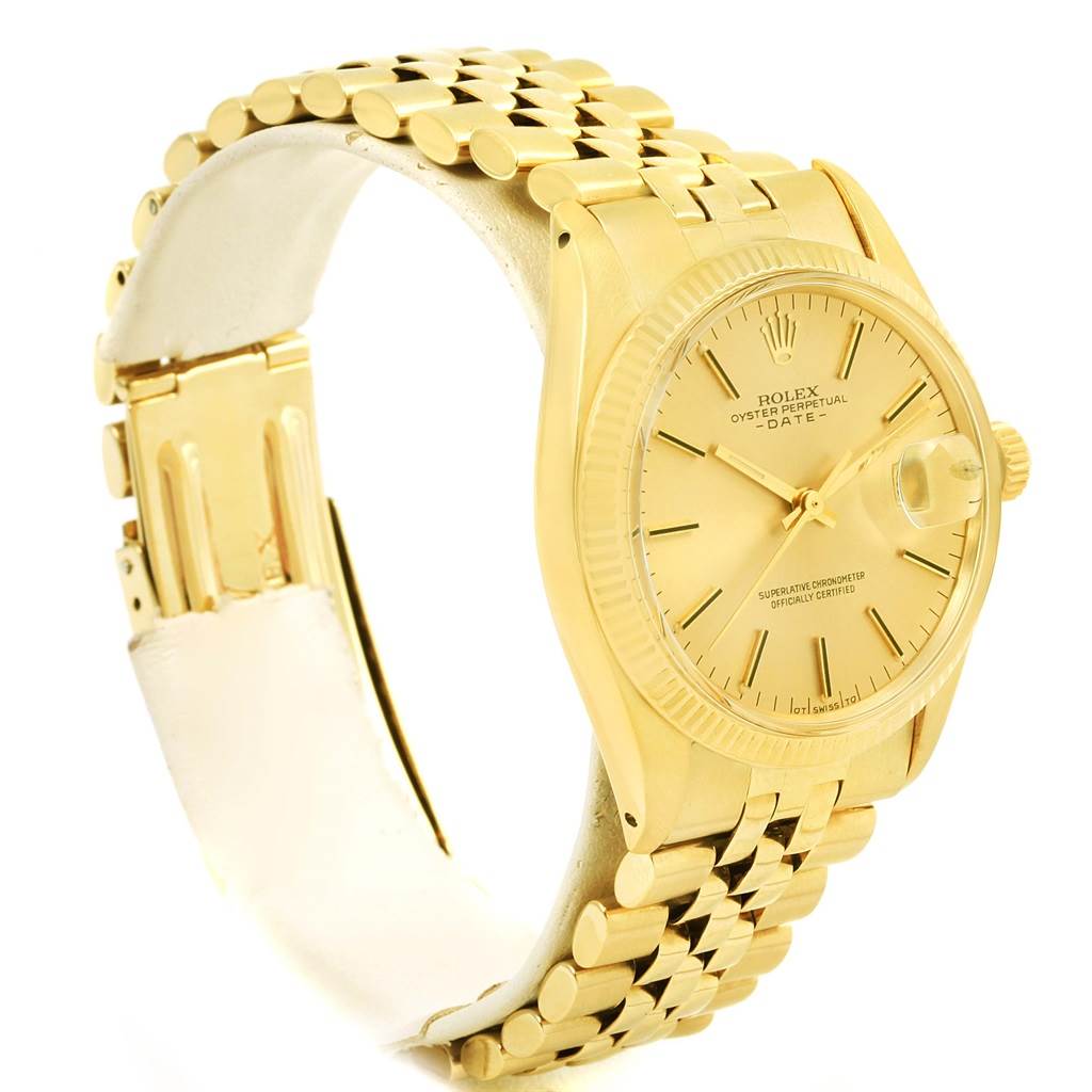 This image shows a side view of the Rolex Vintage Collection 1503 Men's Yellow Gold Champagne Dial 1503 Men's Yellow Gold Champagne Dial watch, highlighting the watch face, bracelet, and clasp.