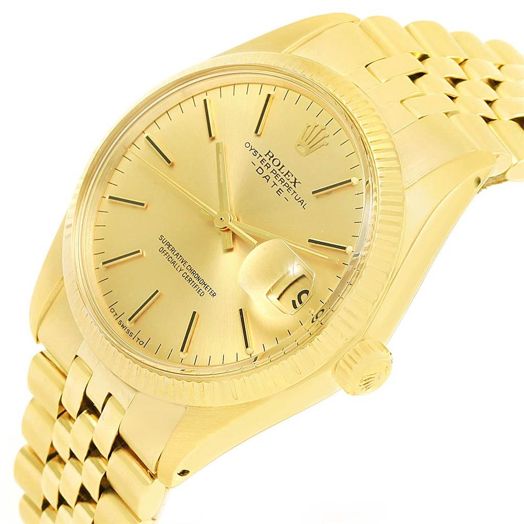 The Rolex Vintage Collection 1503 Men's Yellow Gold Champagne Dial 1503 Men's Yellow Gold Champagne Dial watch is shown at an angled side view, displaying the gold case, dial, bracelet, and crown.