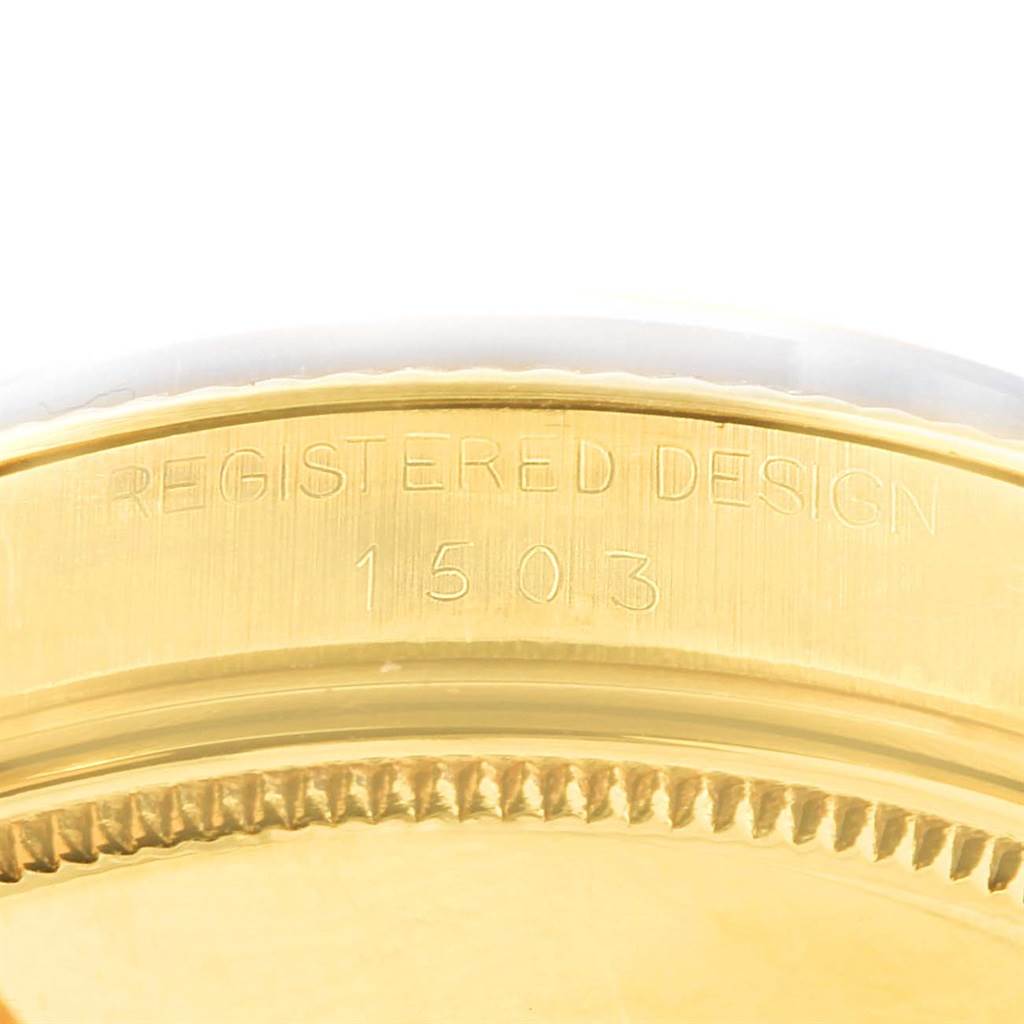 This is a close-up of the case side of the Rolex Vintage Collection 1503 Men's Yellow Gold Champagne Dial 1503 Men's Yellow Gold Champagne Dial model, showing the registered design number 1503.