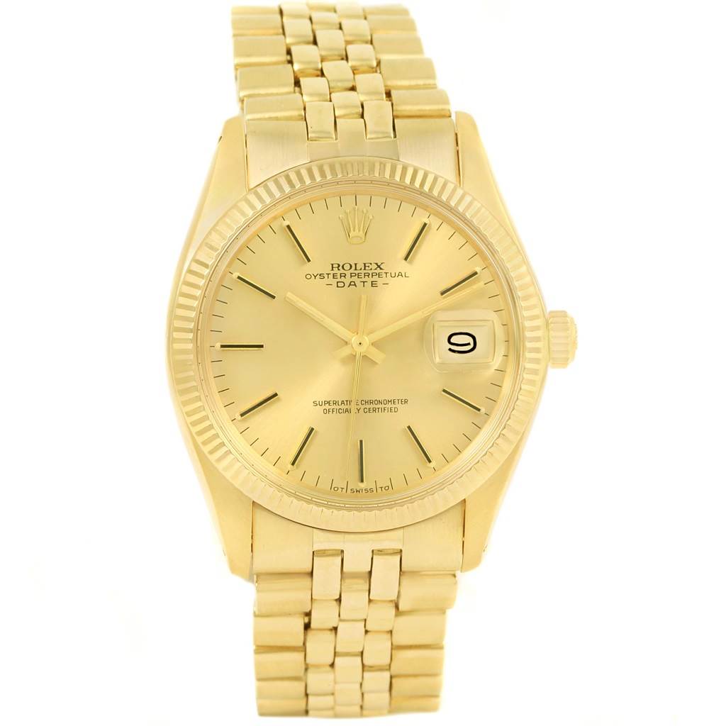 This Rolex Vintage Collection 1503 Men's Yellow Gold Champagne Dial 1503 Men's Yellow Gold Champagne Dial model is shown from the front, displaying the gold dial, date window, and gold bracelet.