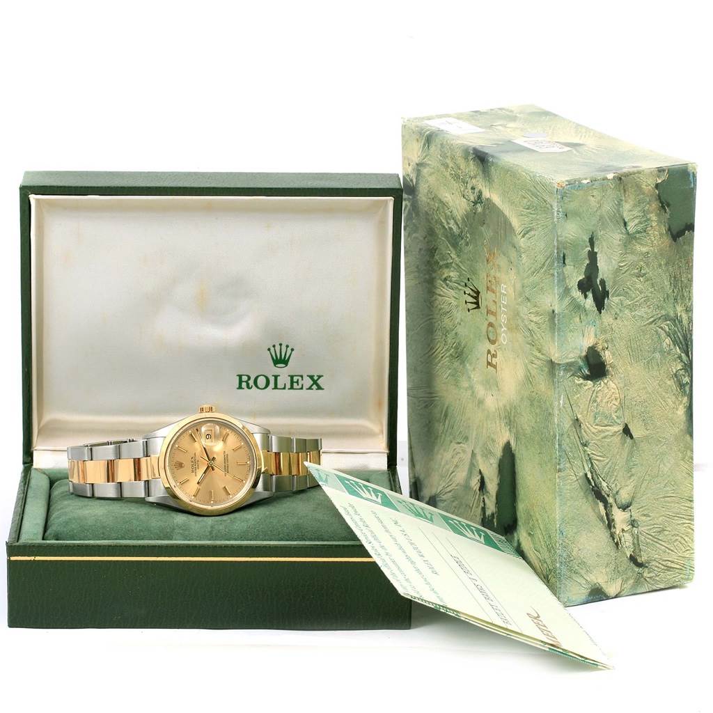 The image shows a Rolex Vintage Collection 15003 Men's Steel and Gold (two tone) Champagne Dial 15003 Men's Steel and Gold (two tone) Champagne Dial watch in its box, alongside the outer box and warranty card.