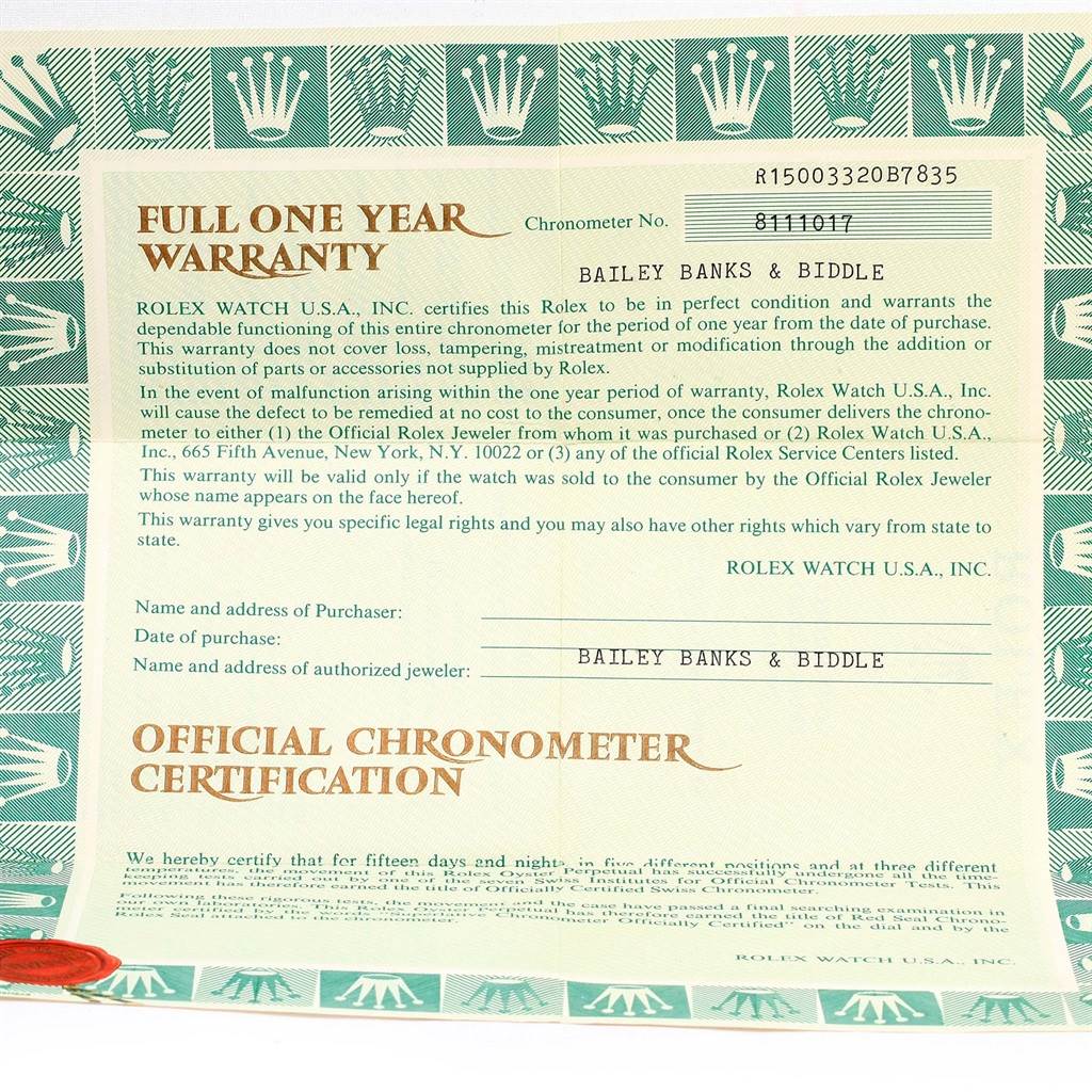 The image shows a full view of the warranty card for the Vintage Collection model by Rolex.