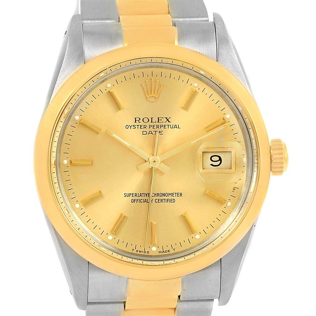 The image shows a front view of the Rolex Vintage Collection 15003 Men's Steel and Gold (two tone) Champagne Dial 15003 Men's Steel and Gold (two tone) Champagne Dial model, displaying its gold dial, date window, and two-tone bracelet.