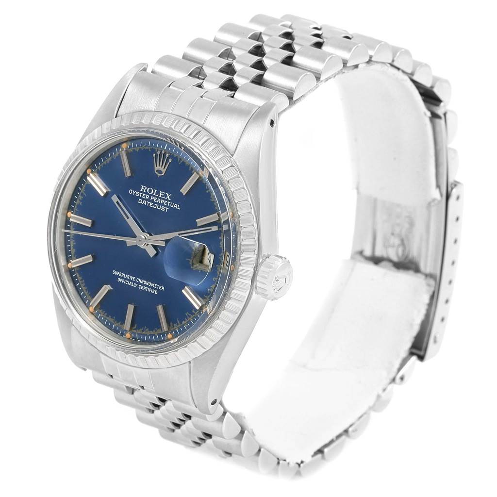 The Rolex Vintage Collection 1603 Men's Stainless Steel Blue Dial 1603 Men's Stainless Steel Blue Dial model watch is shown at a three-quarter angle, highlighting its blue dial, stainless steel case, and jubilee bracelet.