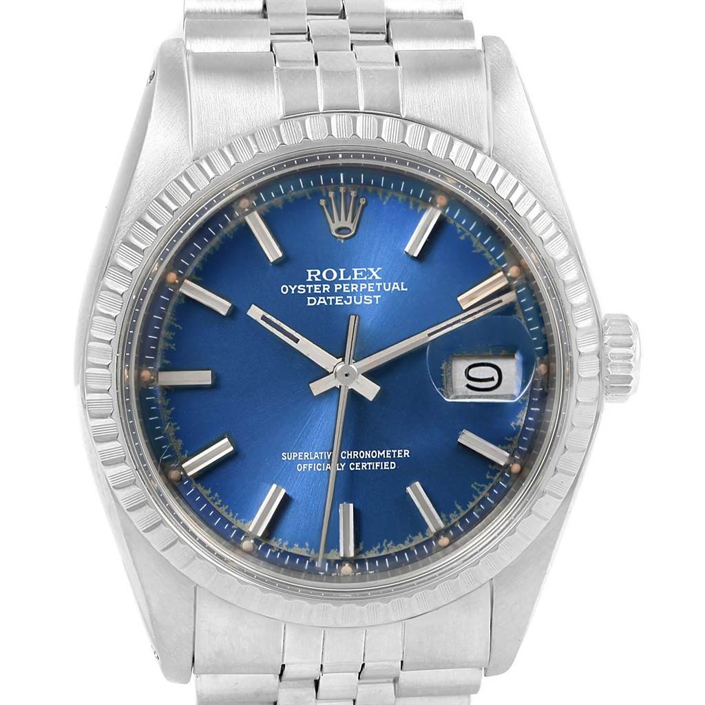 The image shows a Rolex Vintage Collection 1603 Men's Stainless Steel Blue Dial 1603 Men's Stainless Steel Blue Dial Oyster Perpetual Datejust watch, displaying its blue dial, date window, and stainless steel bracelet.