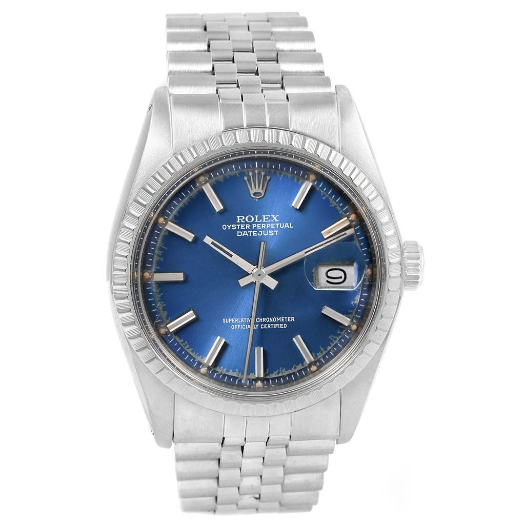 The image shows a front view of a Rolex Vintage Collection 1603 Men's Stainless Steel Blue Dial 1603 Men's Stainless Steel Blue Dial Datejust watch with a blue dial, silver bracelet, and fluted bezel.