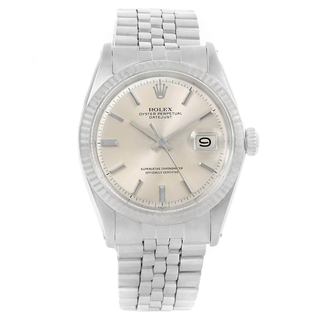 The Rolex Vintage Collection 1603 Stainless Steel Silver Dial 1603 Stainless Steel Silver Dial watch is shown from a front angle, displaying its dial, bezel, crown, and bracelet.