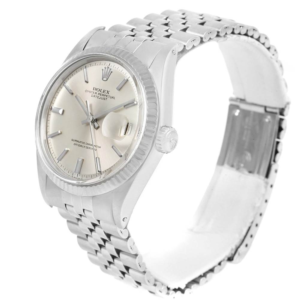 Angled slightly above the right side, the Rolex Vintage Collection 1603 Stainless Steel Silver Dial 1603 Stainless Steel Silver Dial model shows the face, crown, and bracelet.
