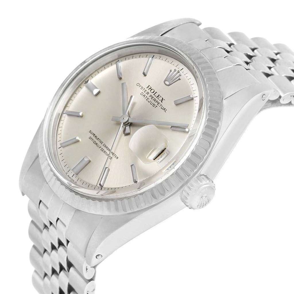 The image shows a Rolex Vintage Collection 1603 Stainless Steel Silver Dial 1603 Stainless Steel Silver Dial watch at an angle, highlighting its face, bezel, crown, and bracelet.