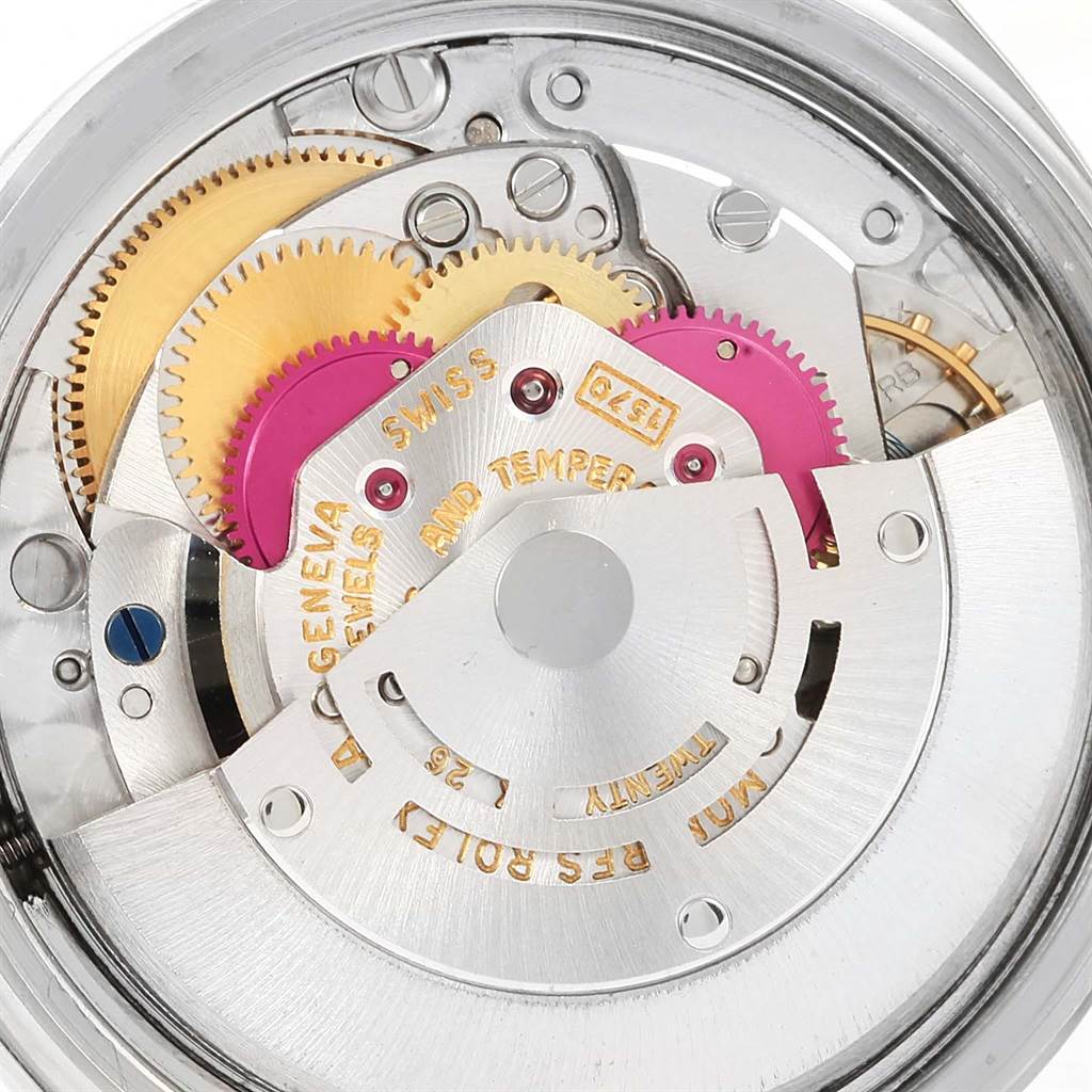 This is a close-up view of the inner mechanical movement of the Rolex Vintage Collection 1603 Stainless Steel Silver Dial 1603 Stainless Steel Silver Dial watch, highlighting gears and other components.