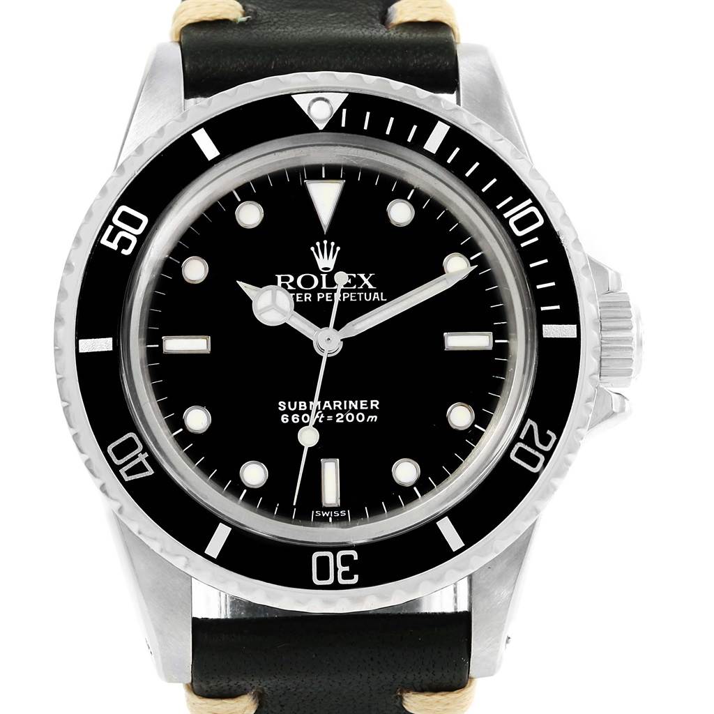 The Rolex Vintage Collection 5513 Men's Stainless Steel Black Dial 5513 Men's Stainless Steel Black Dial Submariner watch is shown from a front angle, highlighting the dial, bezel, and crown.