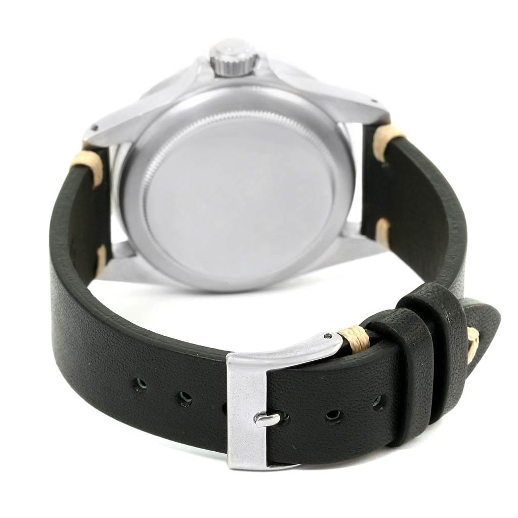 This image shows the back case and leather strap of a Rolex Vintage Collection 5513 Men's Stainless Steel Black Dial 5513 Men's Stainless Steel Black Dial watch from a rear angle.