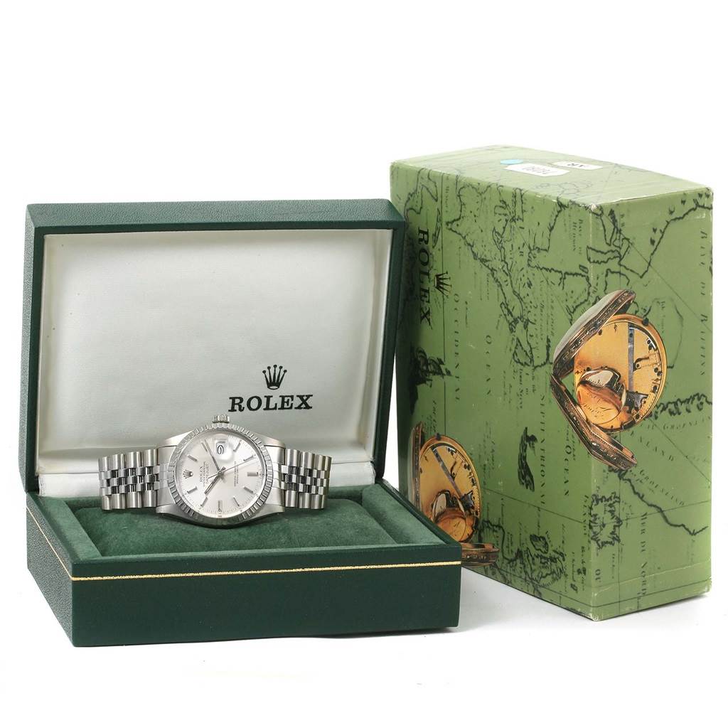 The image shows a Rolex Vintage Collection 16030 Men's Stainless Steel Silver Dial 16030 Men's Stainless Steel Silver Dial watch placed in an open green box next to its matching outer packaging.
