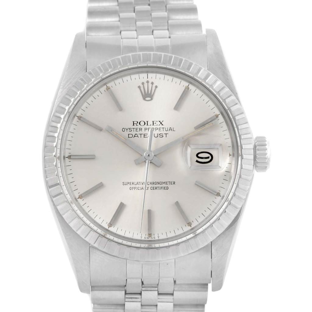 The image shows a frontal view of a Rolex Vintage Collection 16030 Men's Stainless Steel Silver Dial 16030 Men's Stainless Steel Silver Dial Datejust model, featuring its dial, crown, and bracelet.