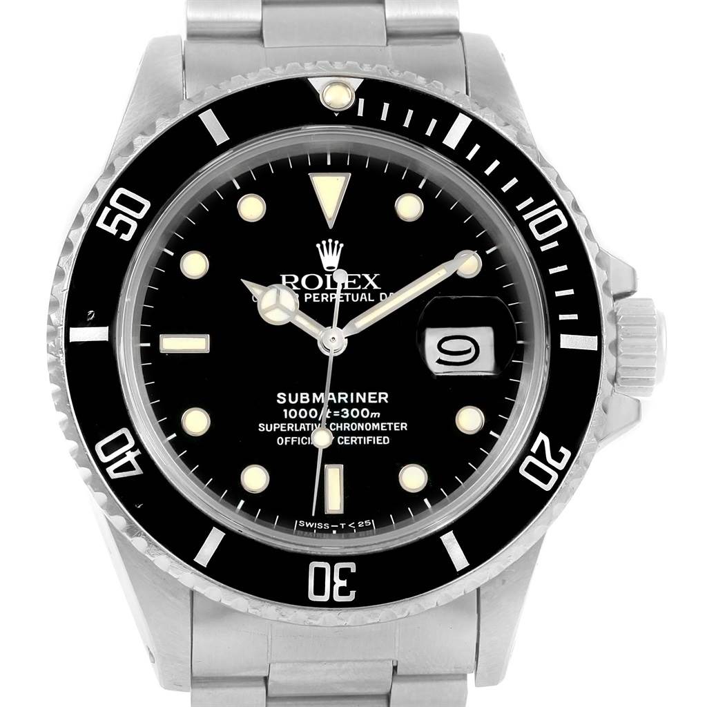 The Rolex Vintage Collection 16800 Men's Stainless Steel Black Dial 16800 Men's Stainless Steel Black Dial Submariner watch is shown from a frontal angle, highlighting its dial, bezel, and bracelet.