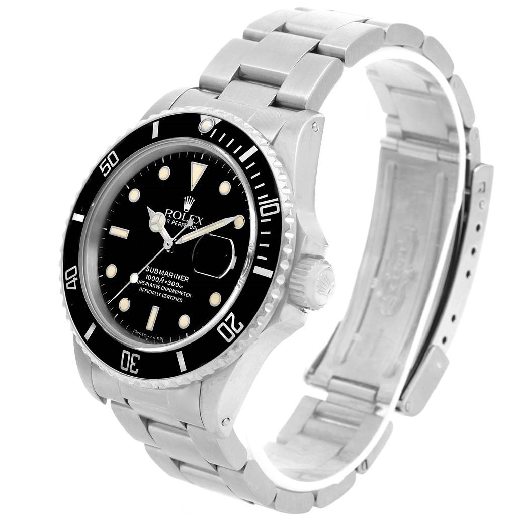 A partially angled view of the Rolex Vintage Collection 16800 Men's Stainless Steel Black Dial 16800 Men's Stainless Steel Black Dial Submariner, showing the face, bezel, crown, and metal bracelet.