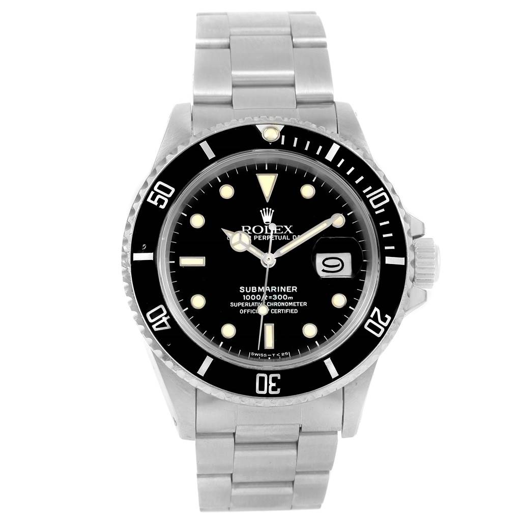 The image shows a front view of a Rolex Vintage Collection 16800 Men's Stainless Steel Black Dial 16800 Men's Stainless Steel Black Dial Submariner watch with a black dial and silver bracelet.