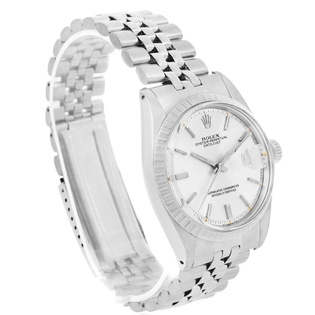 The image shows a side-angle view of the Rolex Vintage Collection 1603 Men's Stainless Steel Silver Dial 1603 Men's Stainless Steel Silver Dial watch, featuring the watch face and metal bracelet.