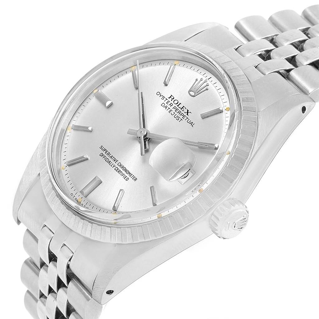 This image shows the Rolex Vintage Collection 1603 Men's Stainless Steel Silver Dial 1603 Men's Stainless Steel Silver Dial watch from an angle focusing on the dial, bezel, crown, and part of the bracelet.