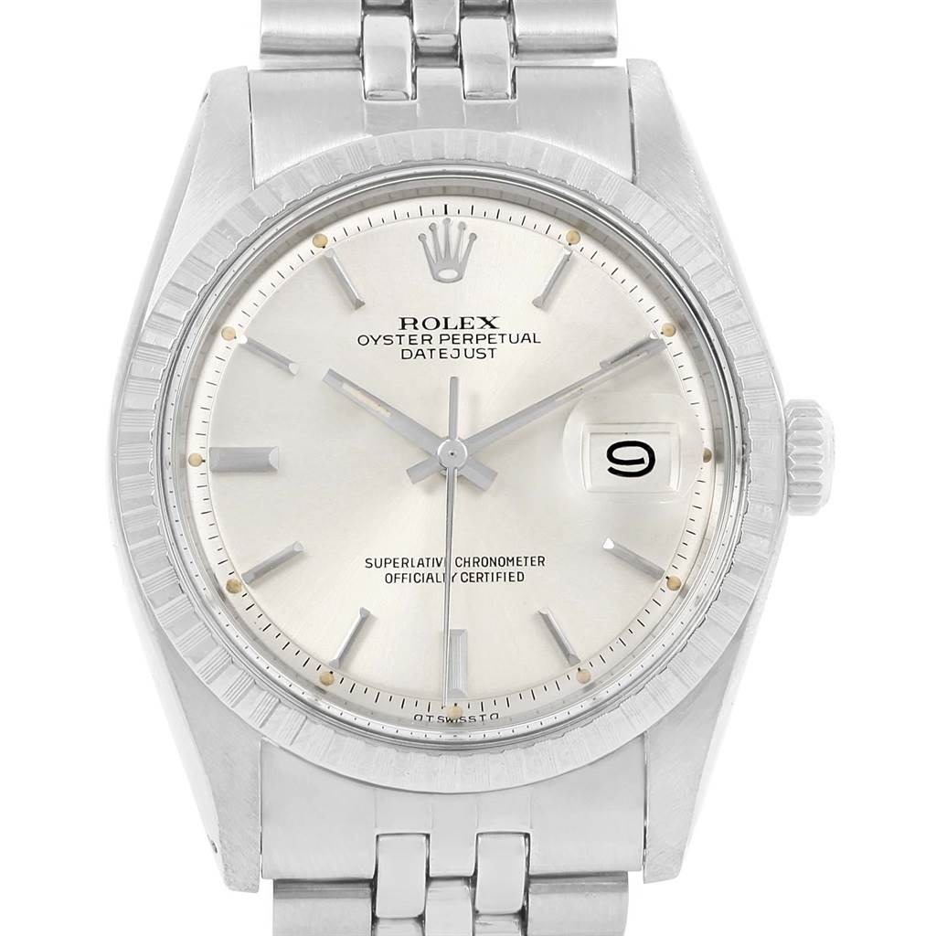 The image shows a front view of a Rolex Vintage Collection 1603 Men's Stainless Steel Silver Dial 1603 Men's Stainless Steel Silver Dial Oyster Perpetual Datejust watch, including the dial, bezel, bracelet, and crown.