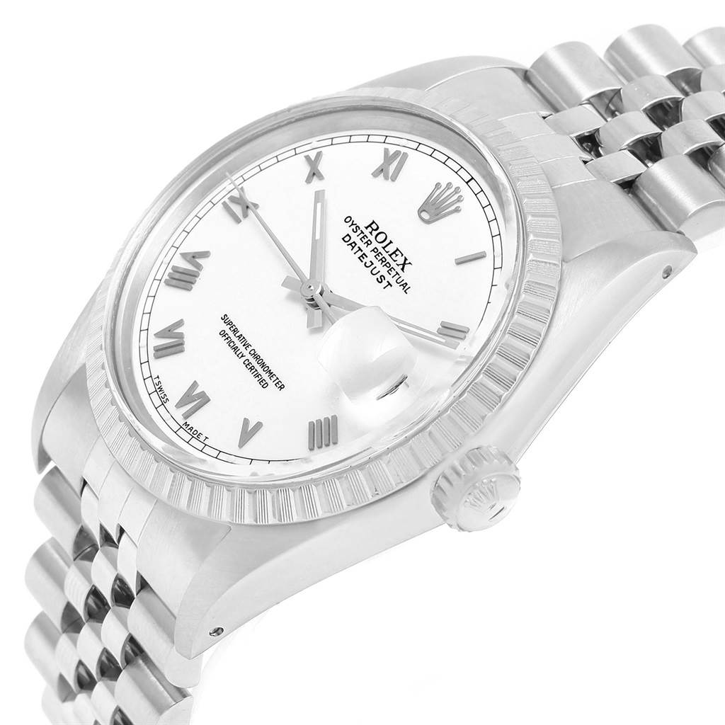 The image shows a side angle view of the Rolex Vintage Collection 16030 Men's Stainless Steel Silver Dial 16030 Men's Stainless Steel Silver Dial watch, displaying its dial, bezel, crown, and part of the bracelet.