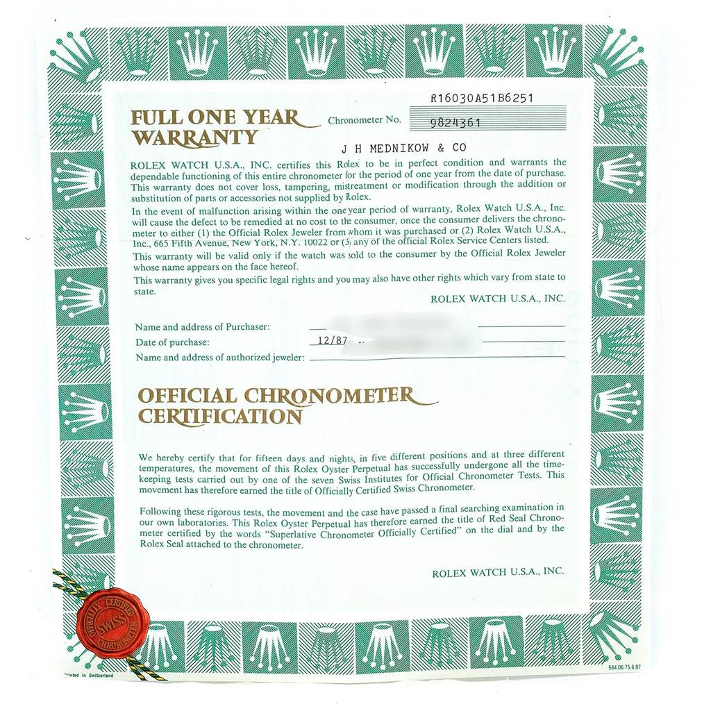 This image shows the warranty and official chronometer certification for the Vintage Collection model by Rolex.
