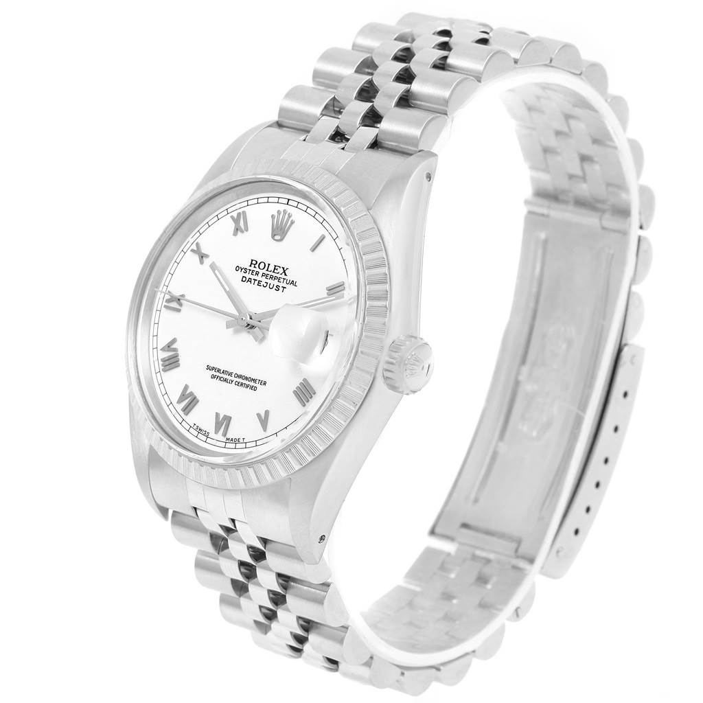 This image shows a Rolex Vintage Collection 16030 Men's Stainless Steel Silver Dial 16030 Men's Stainless Steel Silver Dial Datejust model from an oblique side angle, displaying the watch face, bezel, crown, and bracelet.